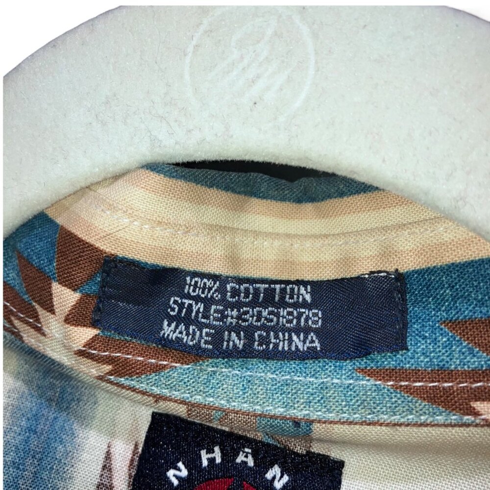 Vtg Panhandle Slim Western Pearl Snap Shirt Mens M Tan Brown Blue Aztec Print - Picture 9 of 12